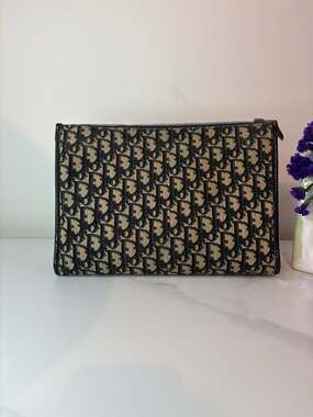Vintage Christian Dior Oblique Monogram Navy Blue Canvas Zippered Clutch Pouch